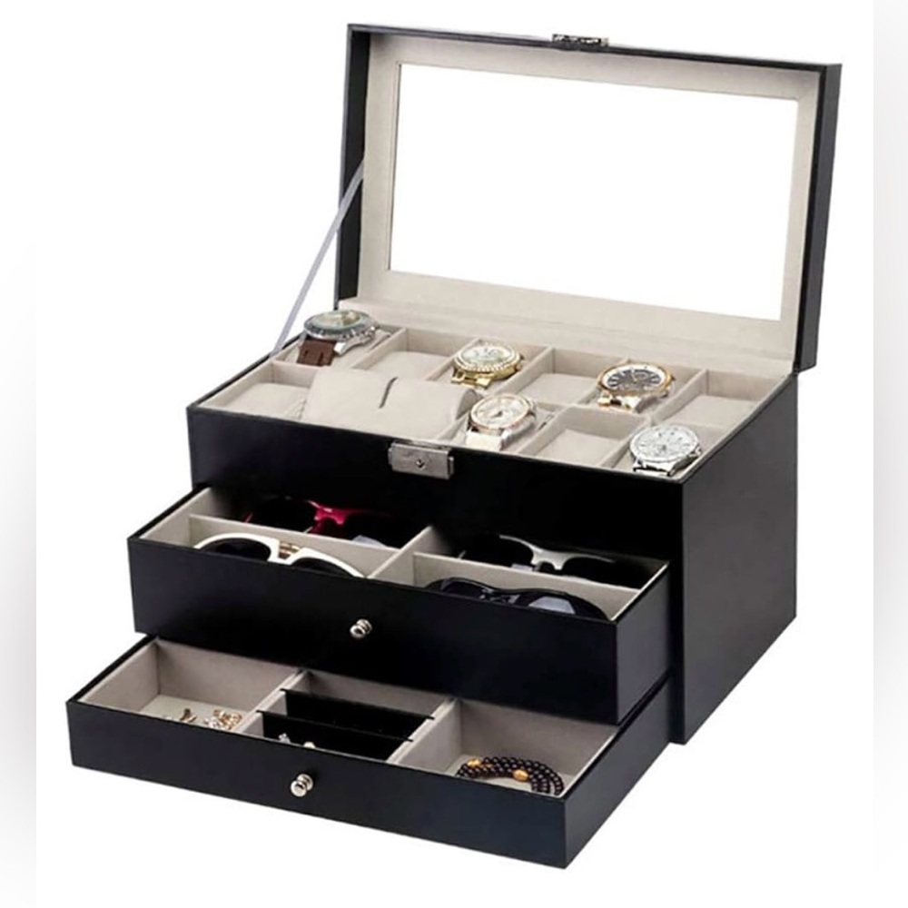 12 slot watch, glasses, and jewelry box in black